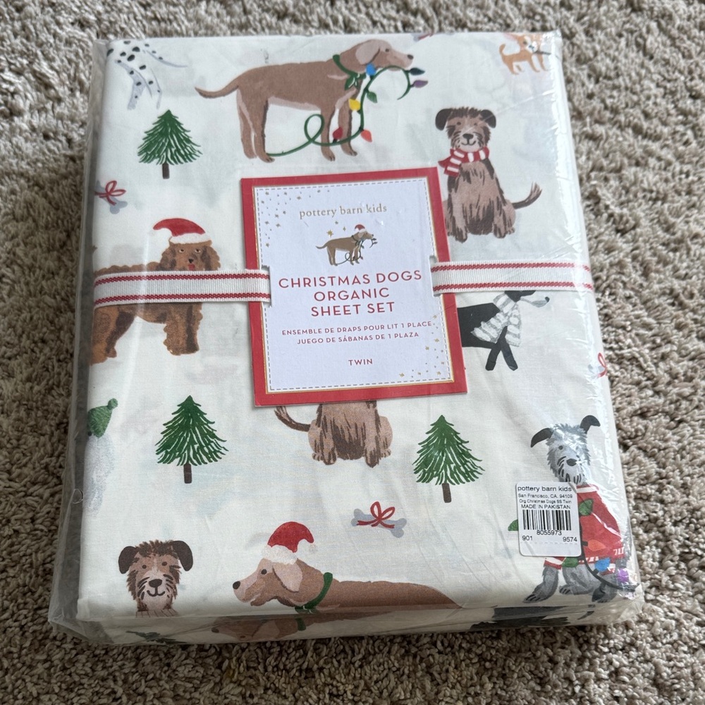 Twin Pottery Barn Kids Christmas Dogs Sheet Set - White, Green, Red, Brown